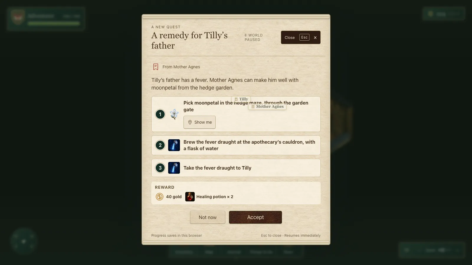 The old accept card: a long title, World Paused, a Close Esc button, three boxed steps with Show me, a reward line and footer text