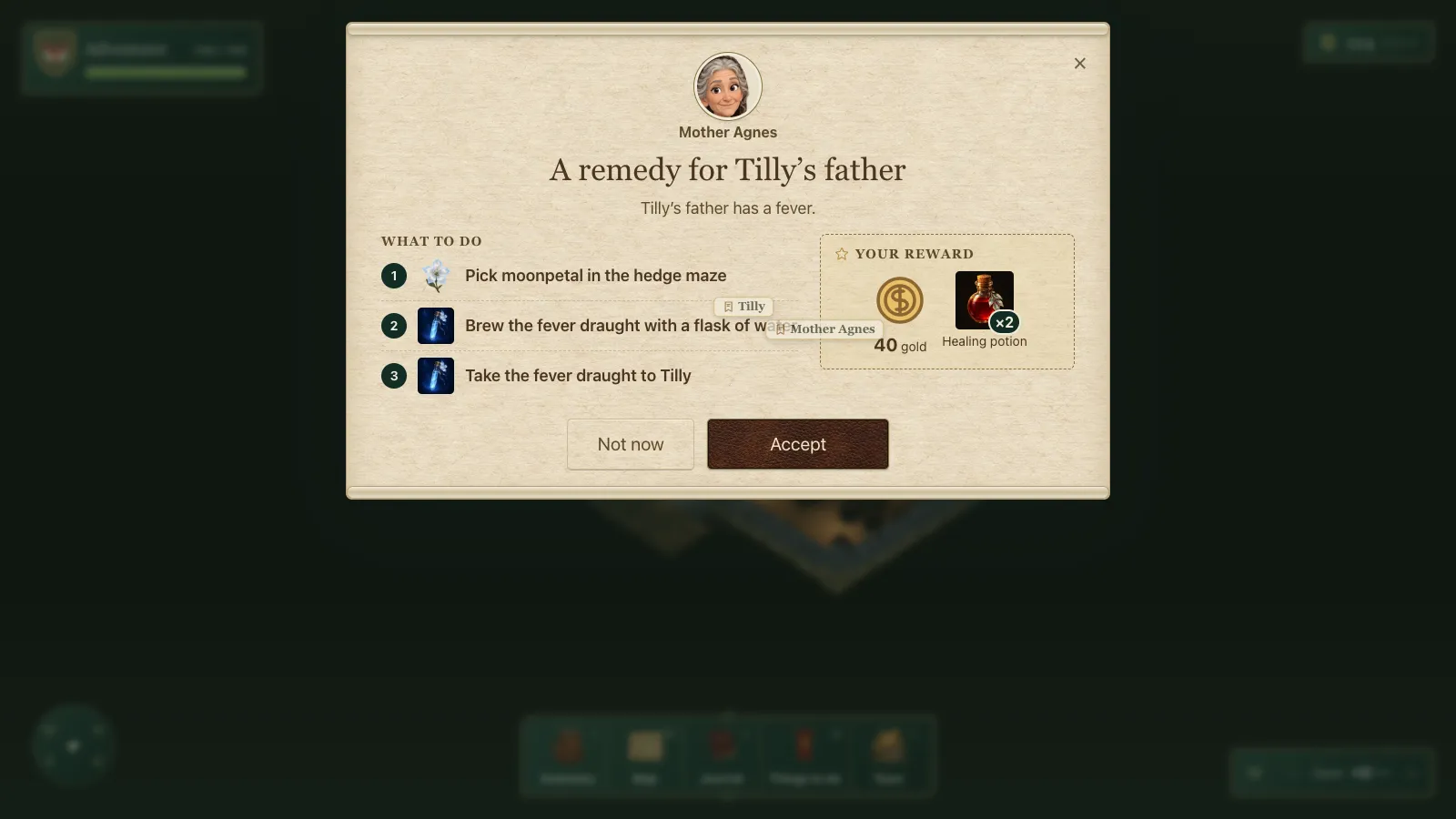 The tidied card: Mother Agnes's face in a circle, a centred title, What to do with three short steps, a separate reward box, Not now and Accept