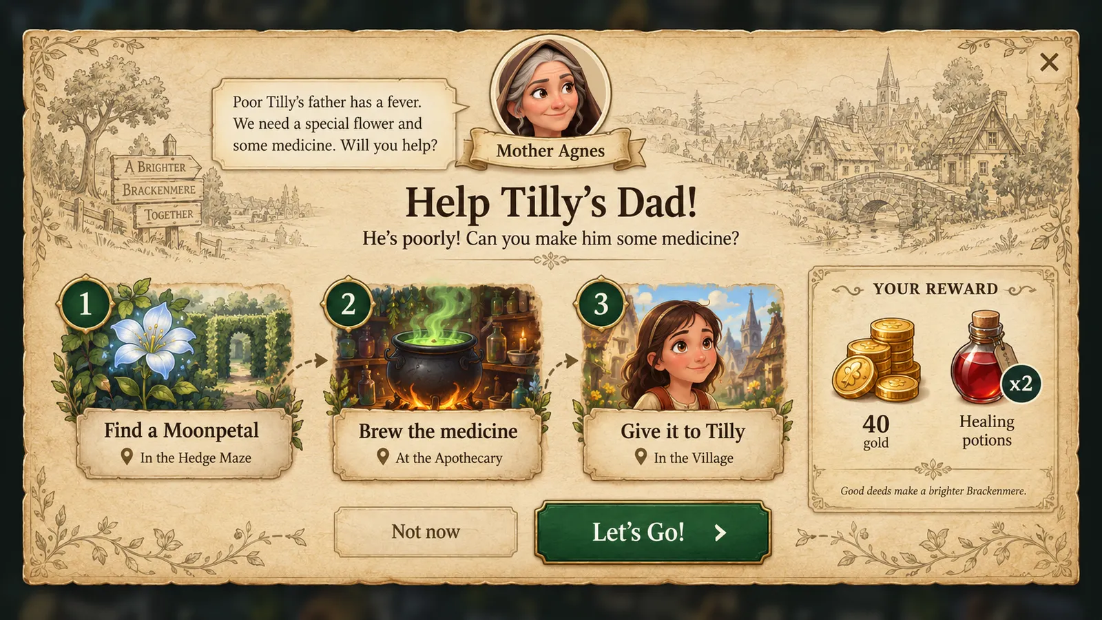 Nick's mock-up for a three-step quest: a parchment window with Mother Agnes, Help Tilly's Dad!, three picture steps, a reward panel, Not now and Let's Go!