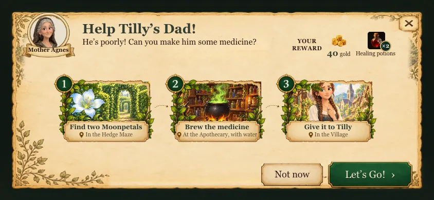 The quest card on a phone on its side: Mother Agnes small at top left, the title, the reward at top right and three picture steps in a row