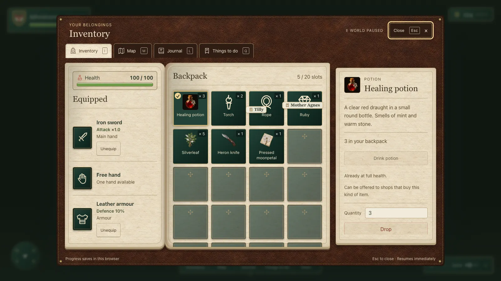 The inventory before: a dark leather frame, Close Esc and World Paused, dark green slots, and name tags floating over the backpack