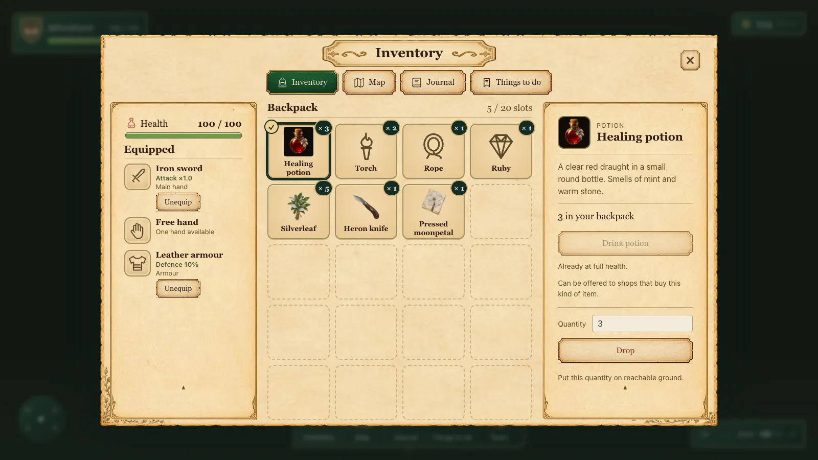The inventory after: a parchment frame with a plaque title, green and parchment tabs, light slots with count badges and a small × top right