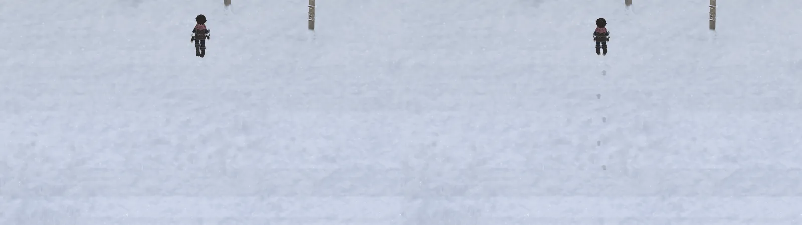The village green in snow, the same walk before and after: on the left no marks, on the right a line of prints behind the hero