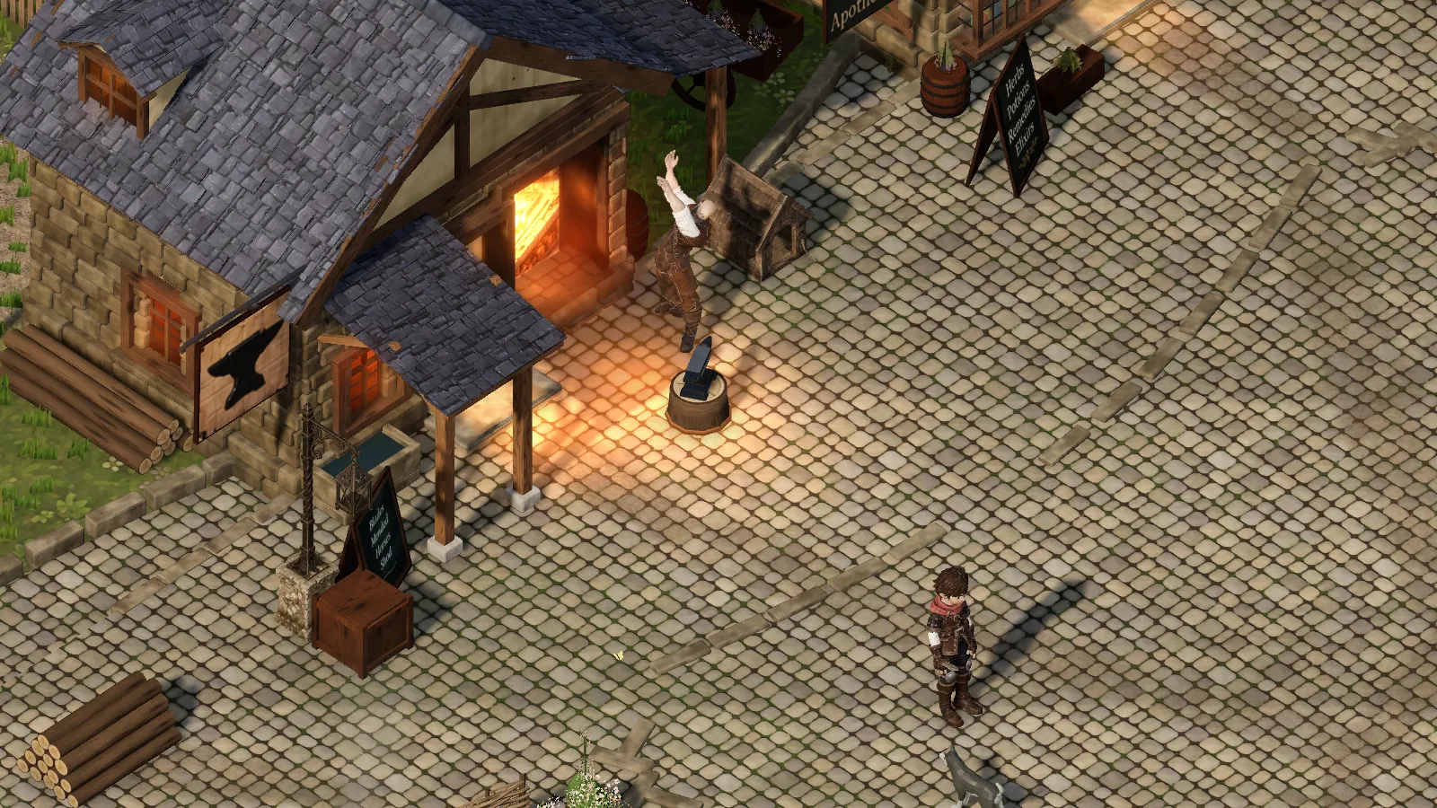 Bram at his anvil in the forge yard, arm raised mid-swing, the forge glowing behind him, with the hero standing on the cobbles