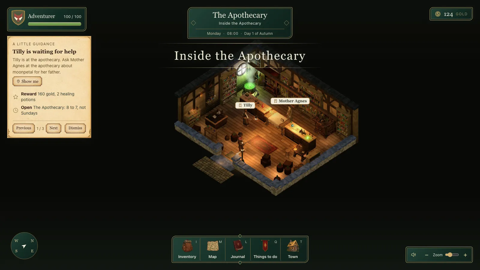 Inside the Apothecary, with the place's name written large across the top of the room and Tilly and Mother Agnes by the counter