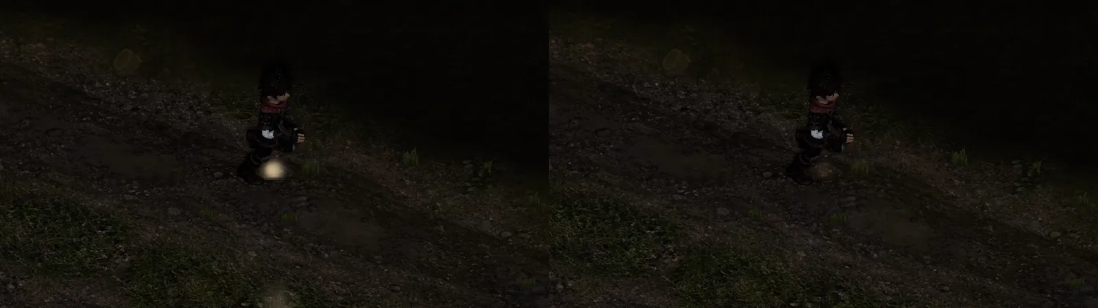 The hero on a dirt lane at night, before and after: on the left two glowing yellow blobs at the hero's feet, on the right a faint dark puff