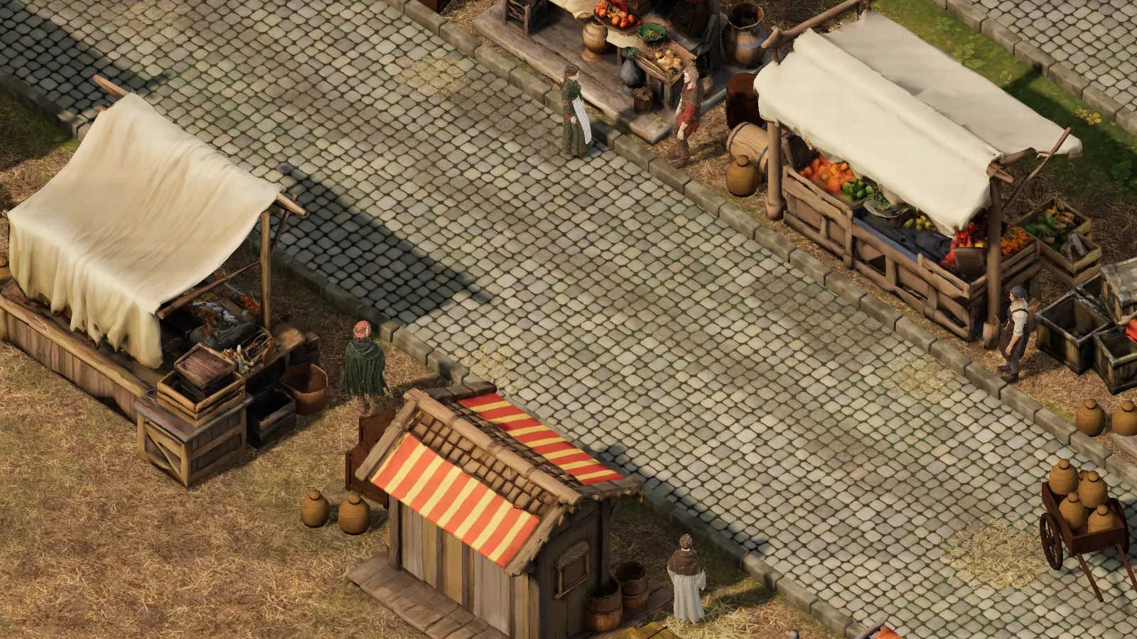 Market row at midday on a Thursday before village life