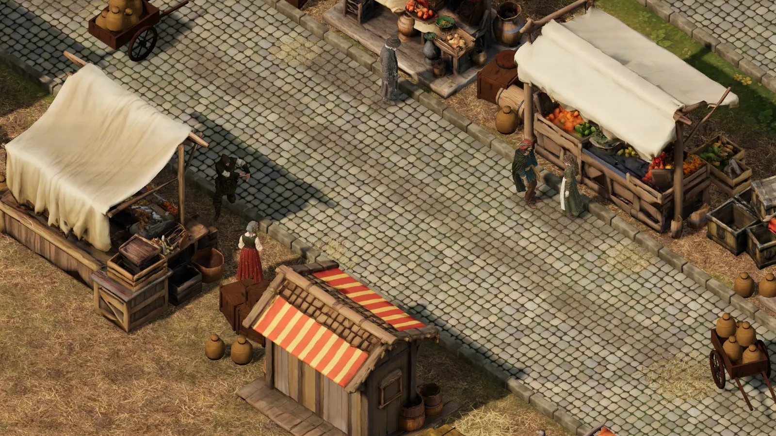 Market row at midday on a Thursday after village life