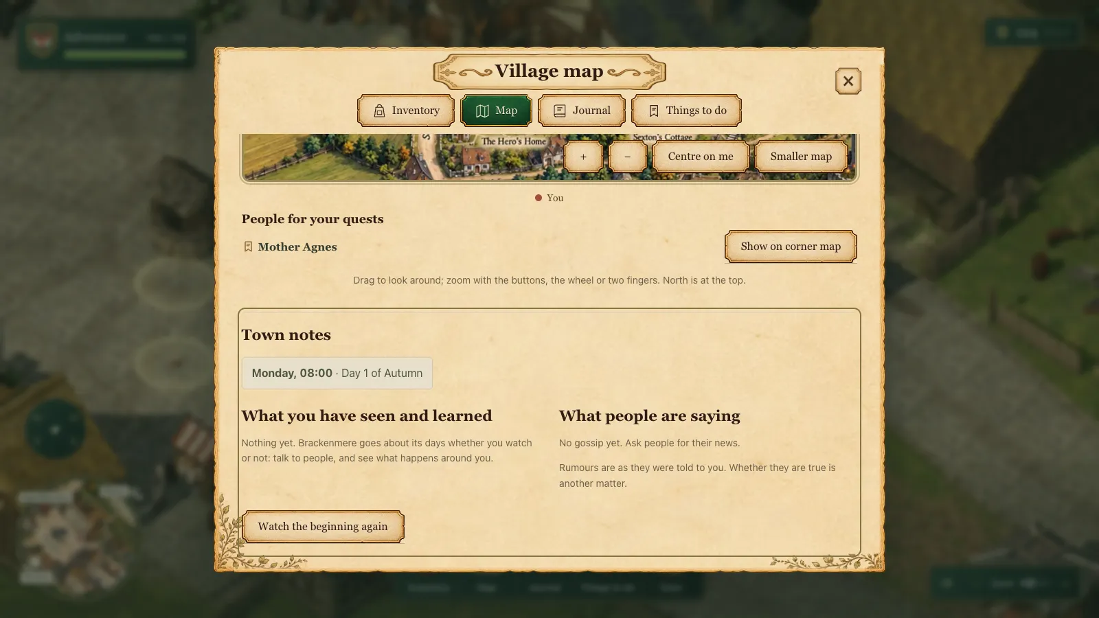 The town journal before, with no people list and no gossip
