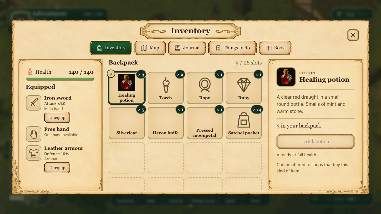 The inventory at rank 20: Health 140 of 140 on the left, a backpack reading 5 of 26 slots, with a stack of 14 satchel pockets