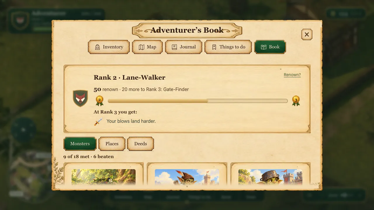 The Book's header at Rank 2, Lane-Walker, with 50 renown, a progress bar between two rank medals and the line At Rank 3 you get: Your blows land harder
