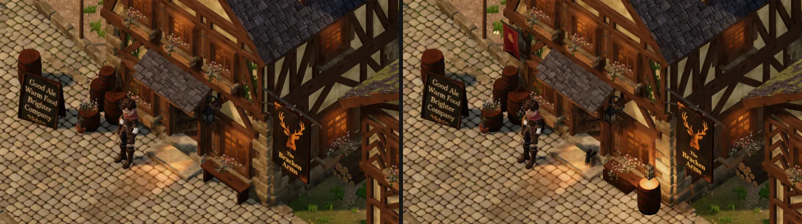 The Bracken Arms' door before and after its quests