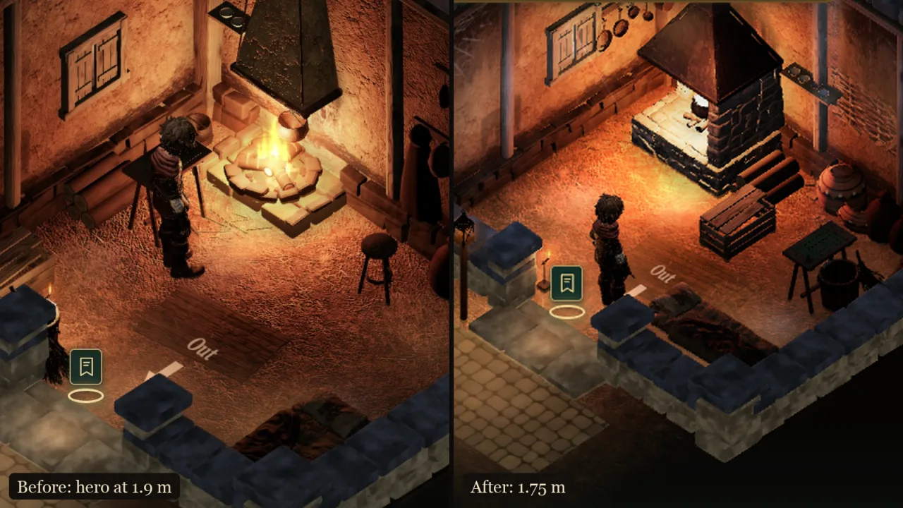 The hero by the hearth at home, before and after the height change