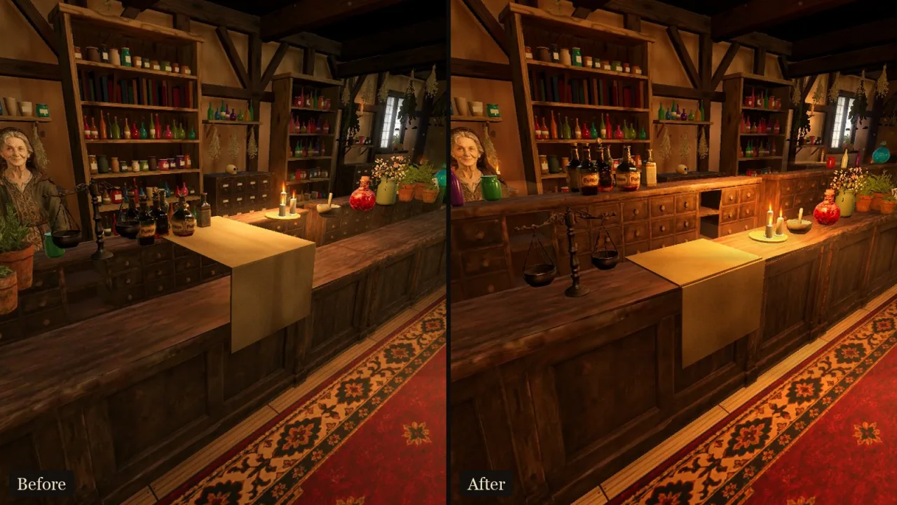 The Apothecary counter in first person, before and after