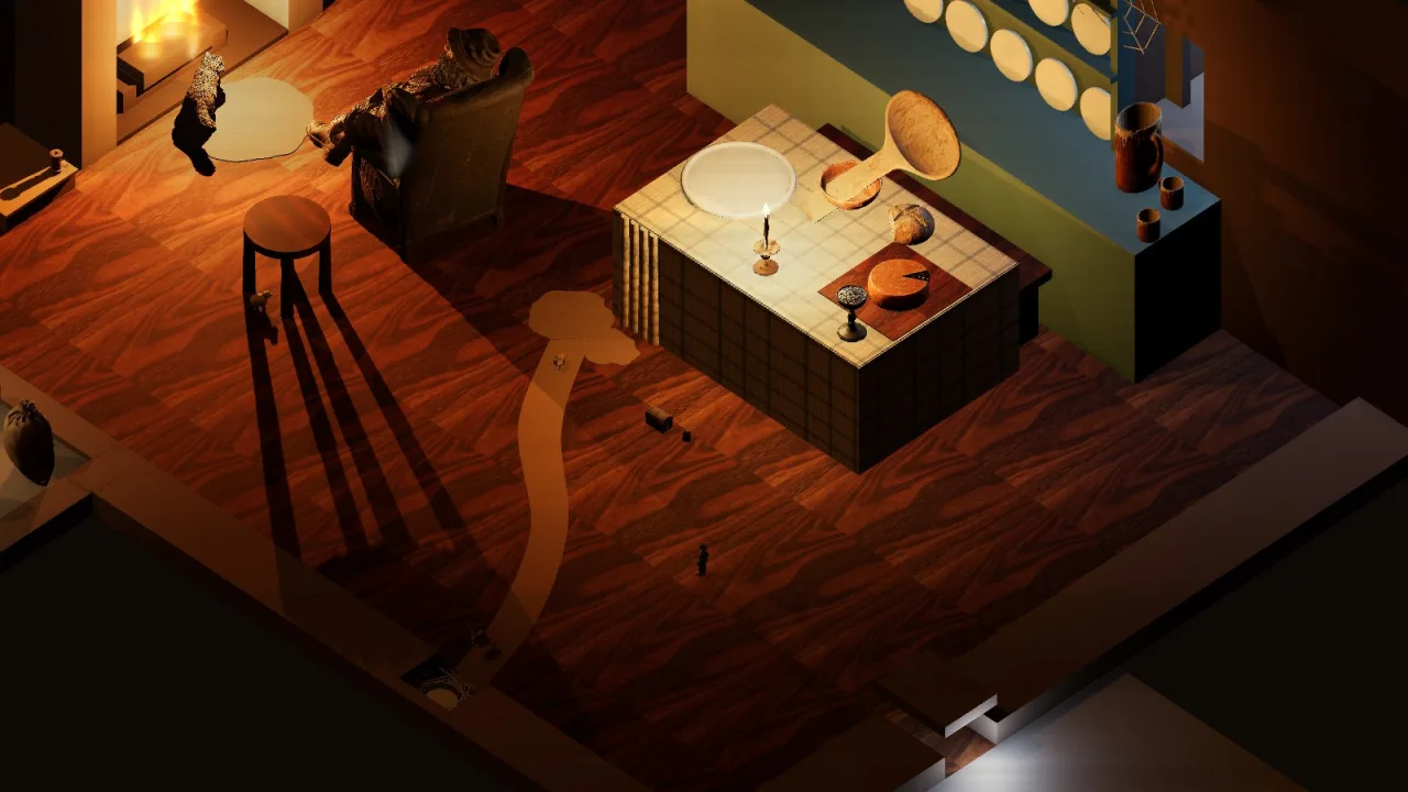 Gobblestone Hall from overhead as built overnight: a giant's table and armchair, the cat by the fire, and the hero a speck on the floorboards