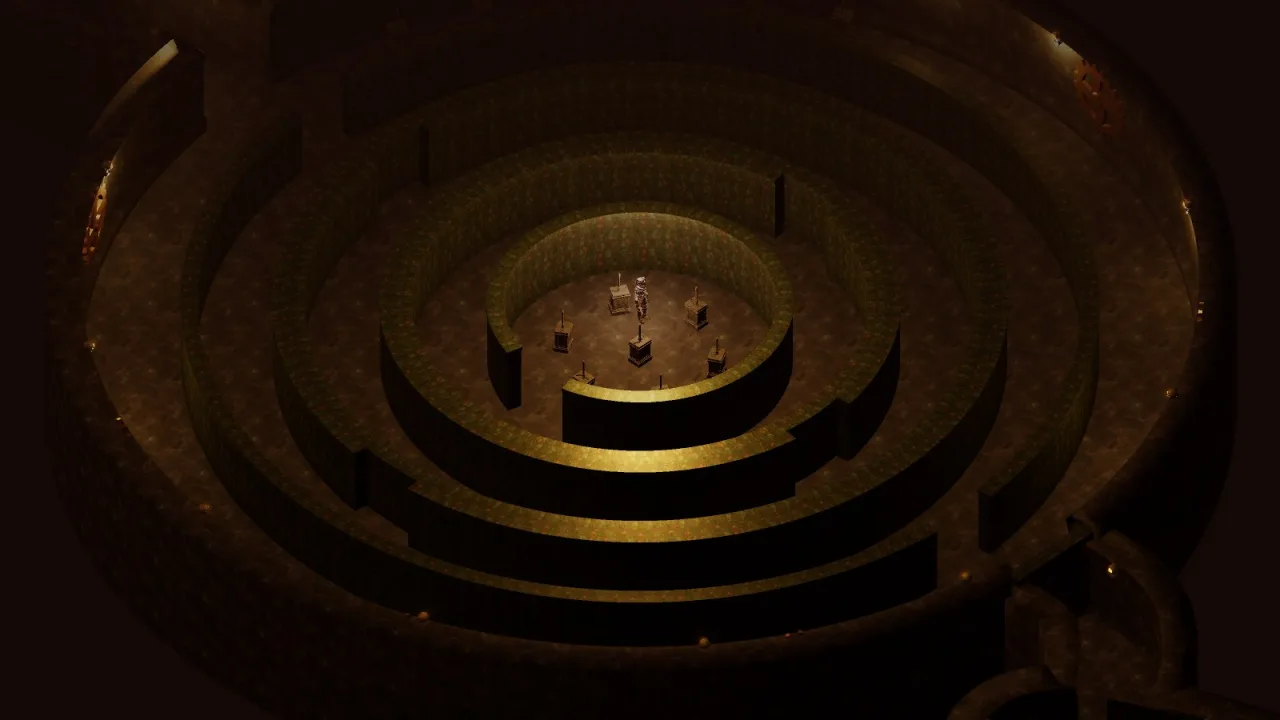 Cinderdeep's Ring Hall from overhead: three concentric rings of wall with gaps, levers at the hub