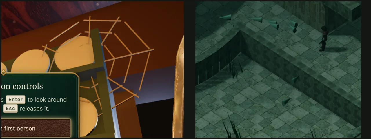 Two of Nick's playtest screenshots: a spider web of loose orange sticks crossing the dresser's plates, and green cones floating in the air over an abbey floor