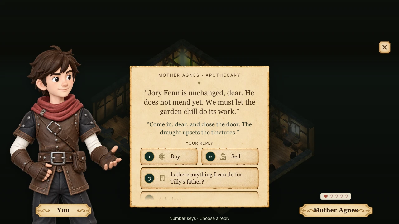Mother Agnes's conversation with Buy and Sell presented as the first two replies above the quest dialogue