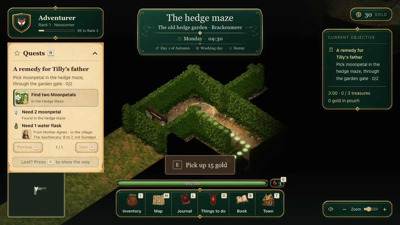 A glowing dotted trail bends along the hedge maze passage beside the quest panel's Show me the way control