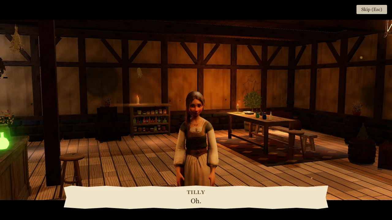 Tilly faces the camera inside the Apothecary during the remedy hand-in, with her dialogue caption over the room