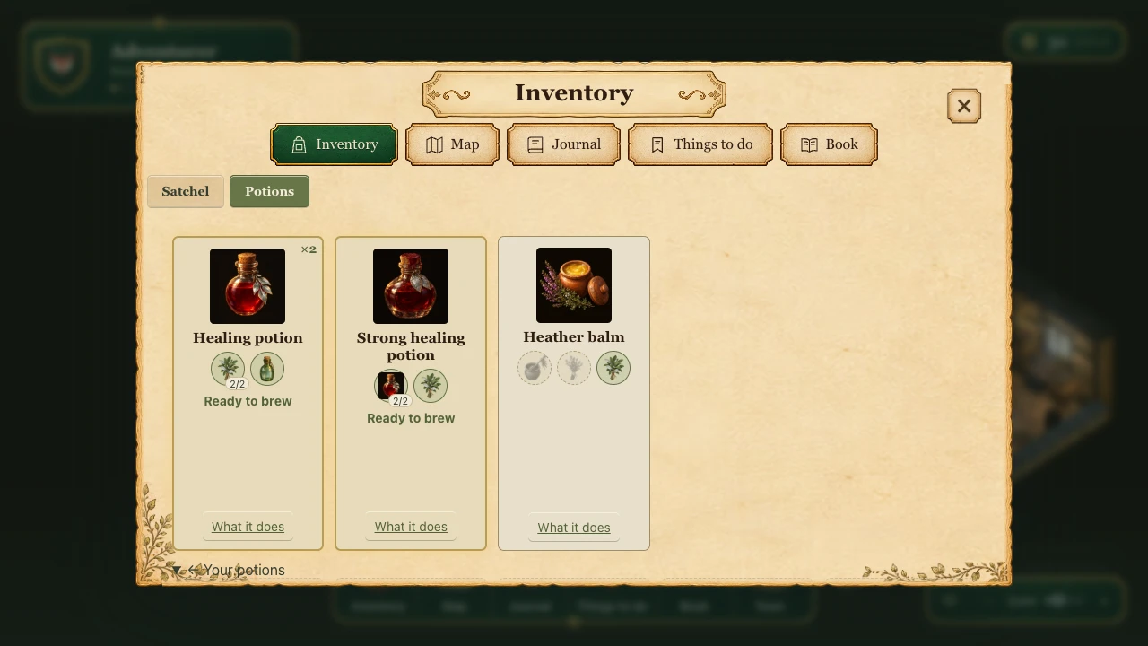 The inventory's Potions tab shows Healing potion and Strong healing potion ready to brew, alongside Heather balm with missing ingredients