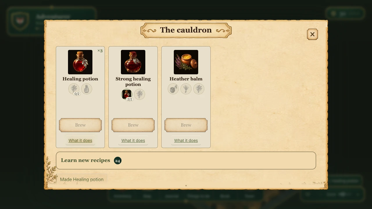 Agnes's cauldron after brewing a healing potion, with empty herb slots and unavailable Brew buttons on recipes sharing the spent ingredient