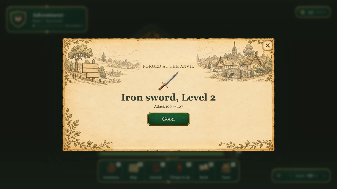 The forge reward card displays Iron sword, Level 2 and Attack 100 to 107