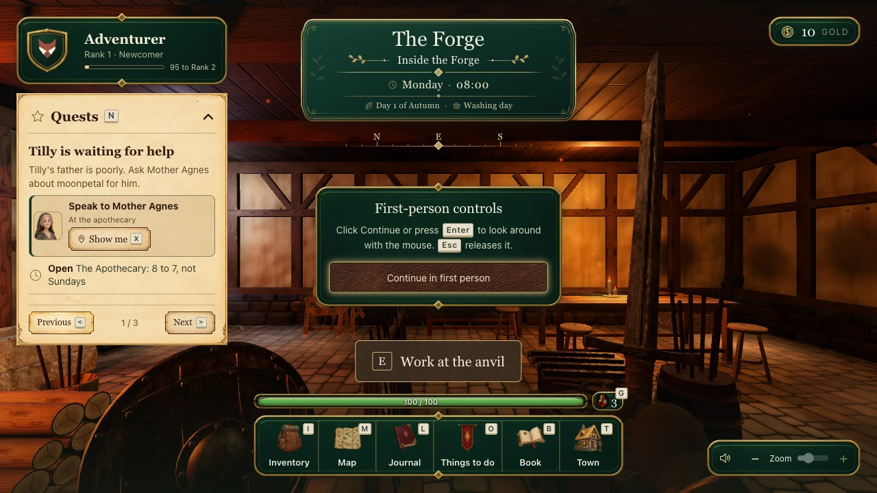 The hero holds an iron sword and round shield in first-person view inside the Forge, with the first-person controls prompt in the centre