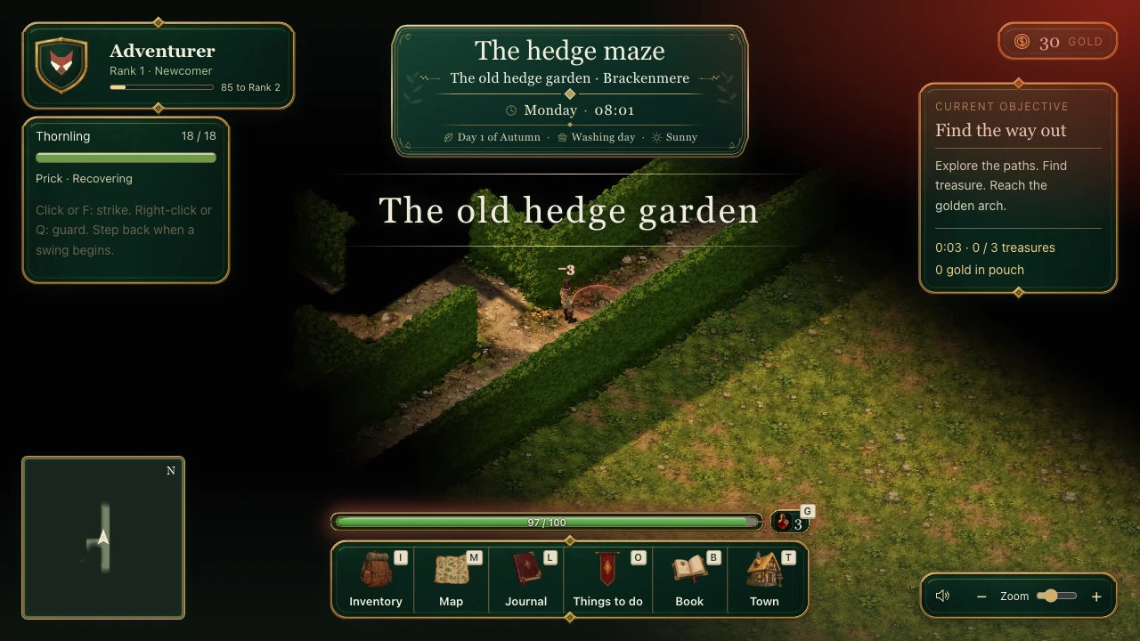 A thornling fight in the hedge maze, with the enemy ground ring and a red directional glow at the upper-right edge of the screen